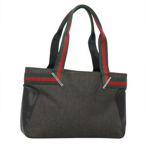 Gucci Web Sherry Line Canvas Tote Bag Black Red Green Stripe 73983 Made in Italy